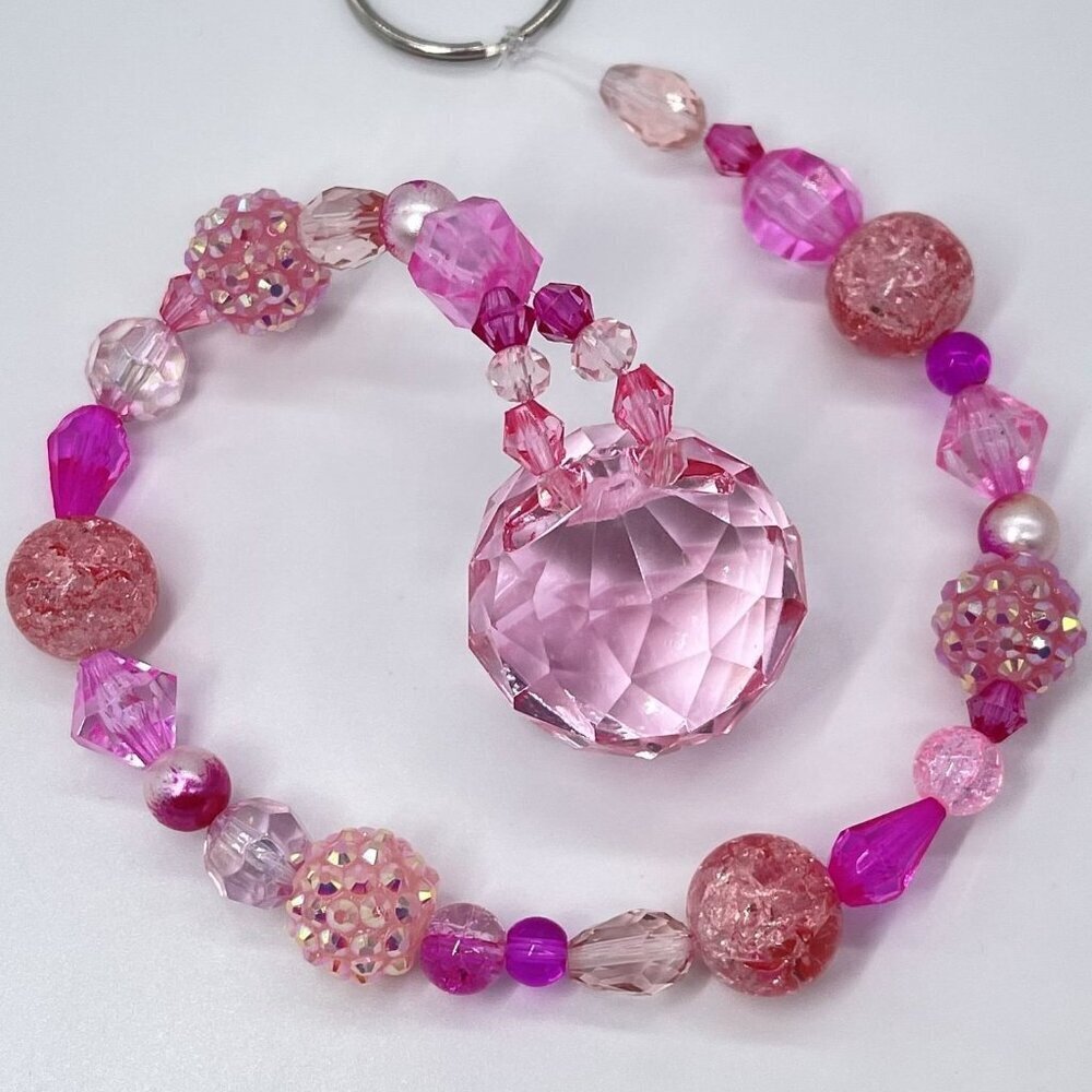 Beaded Suncatcher Pink Crystal Prism Hanging Patio Decor Yard Art Tree Jewelry